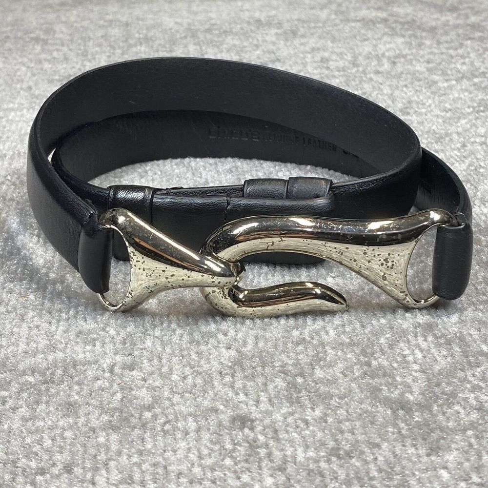 Chicos Modern Hook Belt Women 19" - 32" Small Medium Black Leather Silver Buckle